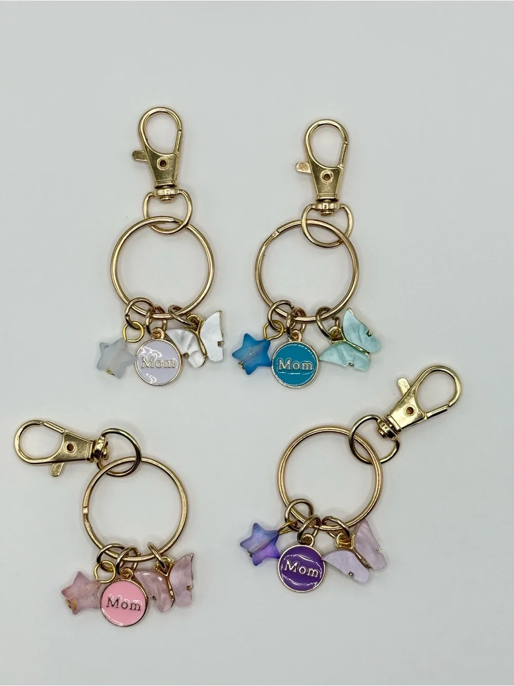 Gold-Tone 'Mom' Enamel Charm Keychains in Pastel Shades